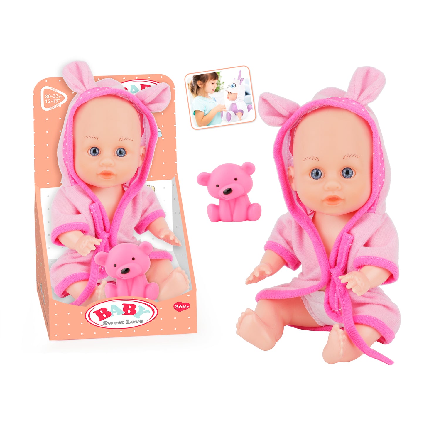 Muñeca con bata de Baño y Muñeco de goma