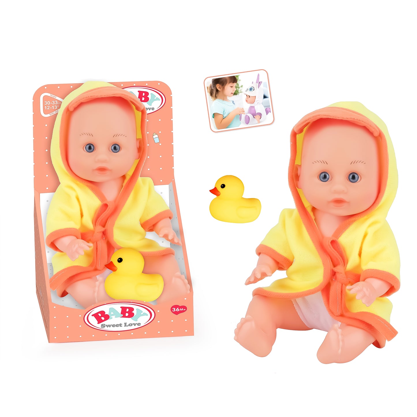 Muñeca con Bata de Baño + Patito