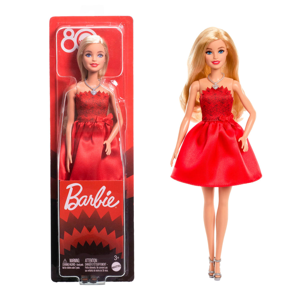 Barbie celebración del 80 aniversario de Mattel vestido rojo